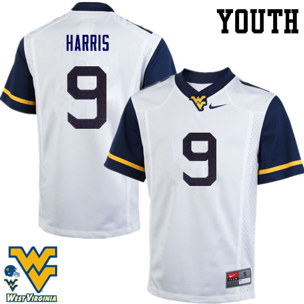 Youth #9 Major Harris West Virginia Mountaineers College Football Jerseys-White - Click Image to Close
